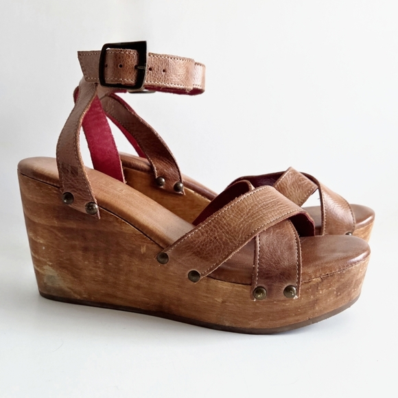 Bed Stu Wood Wedge Sandals With Neutral Leather Uppers, Ankle Strap, Studs, 9.5 - Picture 15 of 16